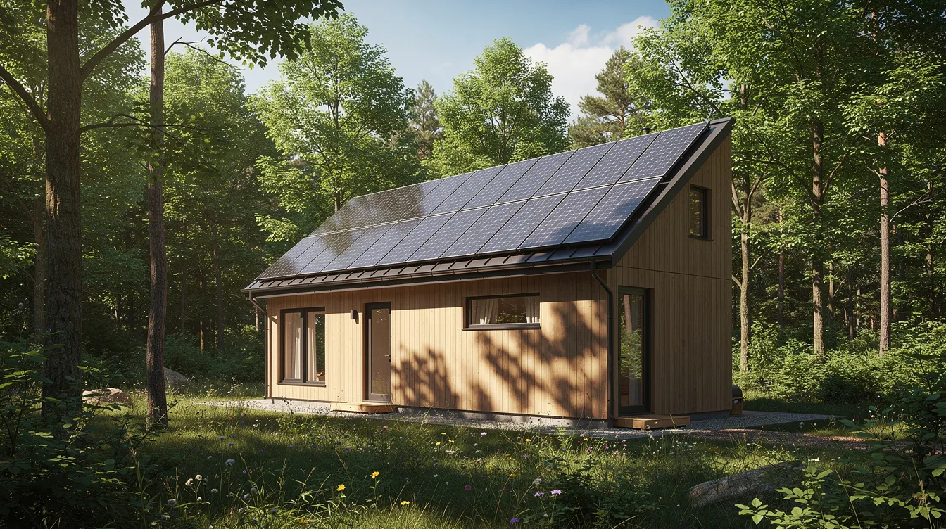 9715aa0f27174431aa429142c4ae20f1 The image depicts a tiny house with solar panels installed on its roof surrounded by lush green trees showcasing an eco friendly approach to off grid living This setup highlights the potential for sustainable energy solutions such as solar power in small spaces like tiny homes