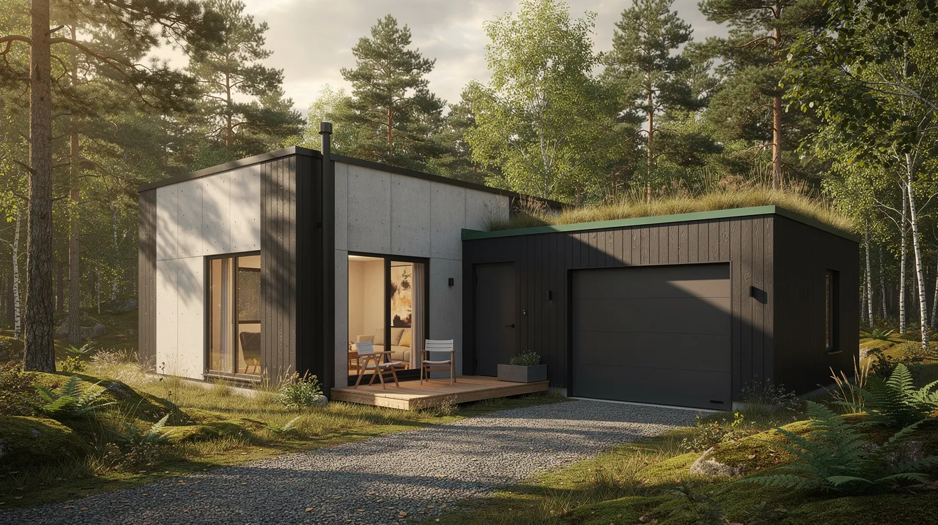 979d67421152449bb5e74616d4a79e38 The image depicts a modern tiny house with an attached garage nestled in a serene woodland setting surrounded by trees and natural greenery This tiny house design features all the amenities for comfortable living while maximizing space making it an ideal choice for homeowners looking to downsize
