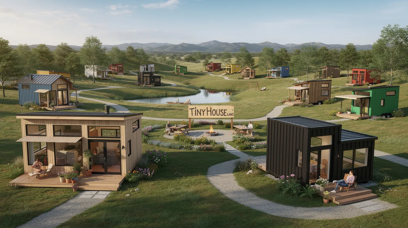 97a232085f6e4bed93f9f54e775d02e2 The image depicts a vibrant tiny house community showcasing several colorful tiny homes nestled together on leased land This scene highlights the tiny house movement where homeowners enjoy a minimalist lifestyle while adhering to local regulations and zoning laws