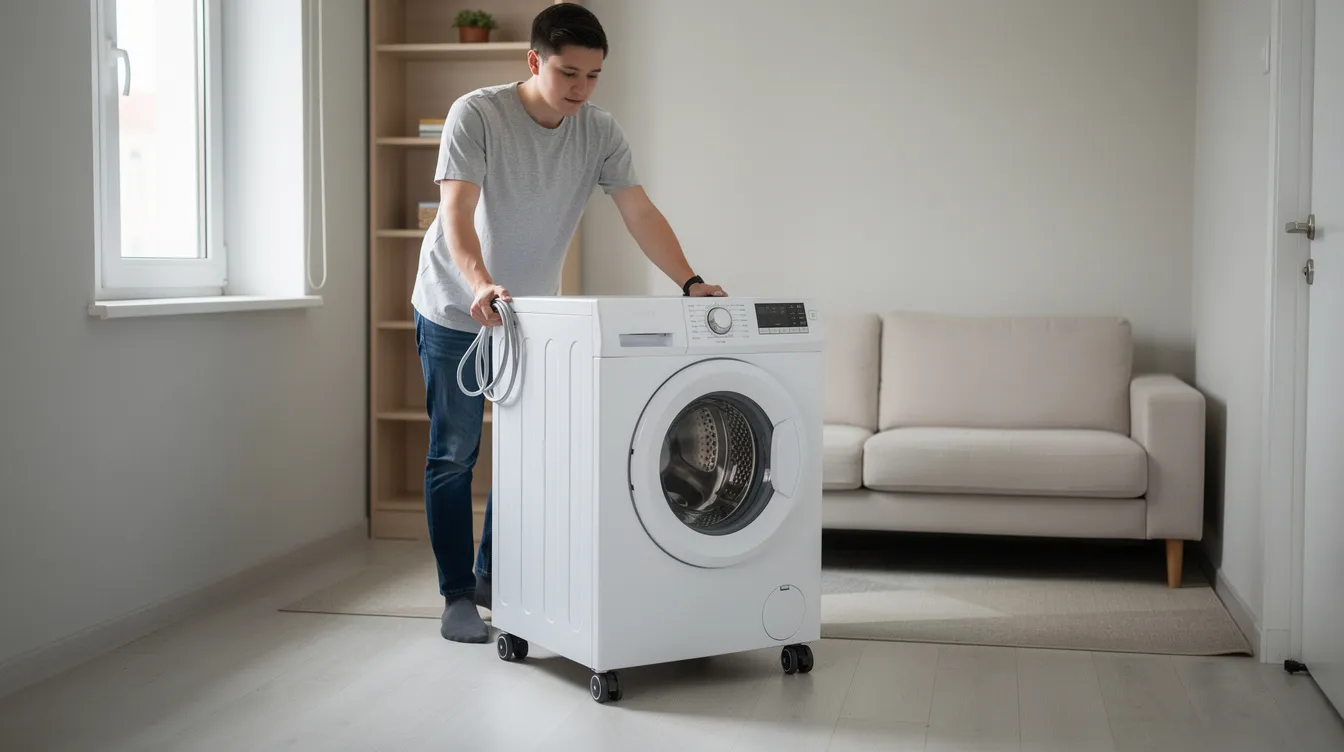 988cb3ae174c4c9dadb7db8ac6451611 A person is maneuvering a compact portable washing machine on wheels in a small apartment space showcasing its lightweight and compact design ideal for tiny homes The washer is positioned near a kitchen sink emphasizing its practicality as a laundry alternative in limited living areas