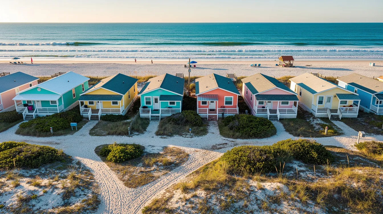 98a40fea96fb499eb59fedb3190879cf An aerial view showcases a cluster of small colorful beach cottages near the oceanfront connected by sandy paths that evoke a charming Jersey Shore feel These tiny homes represent a unique vacation community perfect for families and young professionals looking to enjoy seaside living while adhering to local zoning laws and building codes