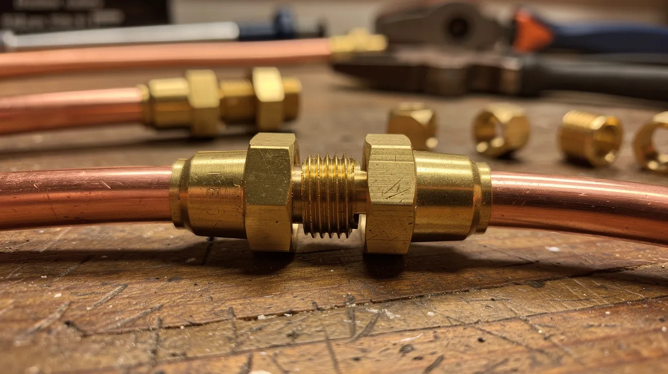 98be20ed064f417287939a99eab7e66a A close up view of brass flare fittings securely connected to copper tubing on a workbench showcasing components essential for a propane system such as those used for gas stoves or tankless water heaters in tiny houses The image highlights the importance of proper fittings and connections to ensure safe gas flow and pressure management