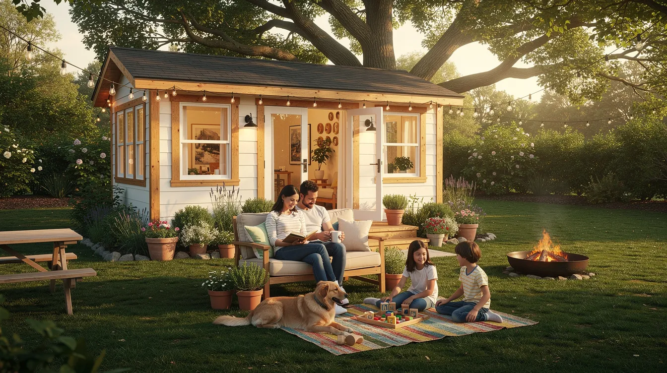9a04ae3f0e3846c18b01e0a7709302c8 A family enjoys a relaxing day outside their cozy backyard tiny cottage surrounded by greenery and outdoor furniture This charming tiny home serves as a perfect accessory dwelling unit providing a peaceful retreat for family members in their own property