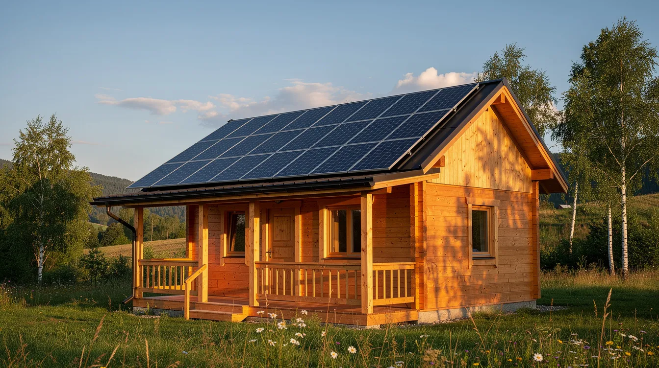 9a7c0512015c419db79303a55592afe5 The image shows solar panels installed on the roof of a small wooden house emphasizing sustainable living in a tiny home This eco friendly setup reflects a commitment to reducing the environmental footprint and utilizing renewable energy sources