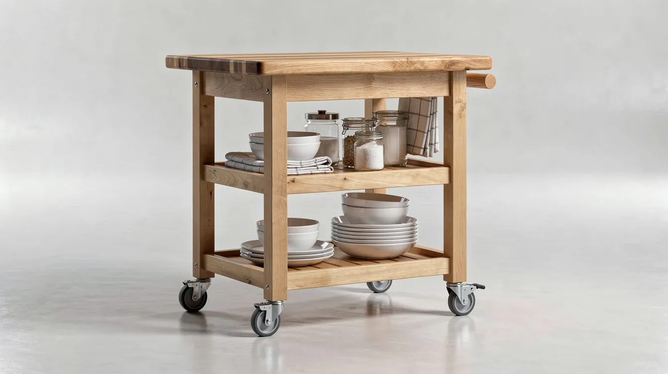 9a8b1045759e452b8b1248a61de045f7 The image features a small wooden kitchen island on wheels designed for efficient use of space in a tiny house kitchen It includes open shelving for storage and a butcher block top making it a functional and stylish addition to any small space