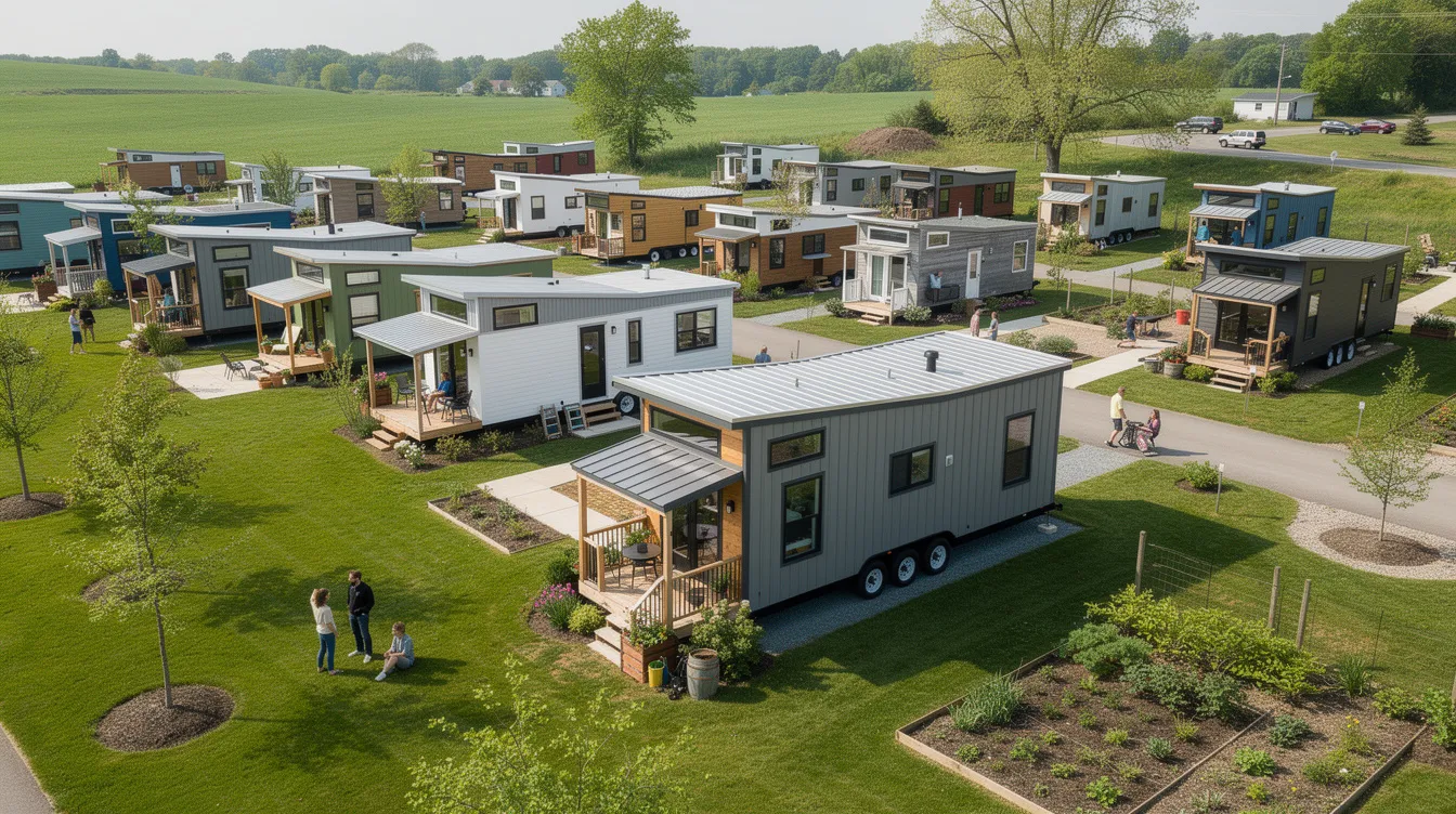 9a919a2b925c44c195ddbb1ec66584cf The image depicts a vibrant tiny house community in Delaware showcasing several charming tiny homes nestled together highlighting the growing tiny living movement With a focus on affordability and community these homes often feature one or two bedrooms and are designed to provide a cozy living space for working families and seniors alike