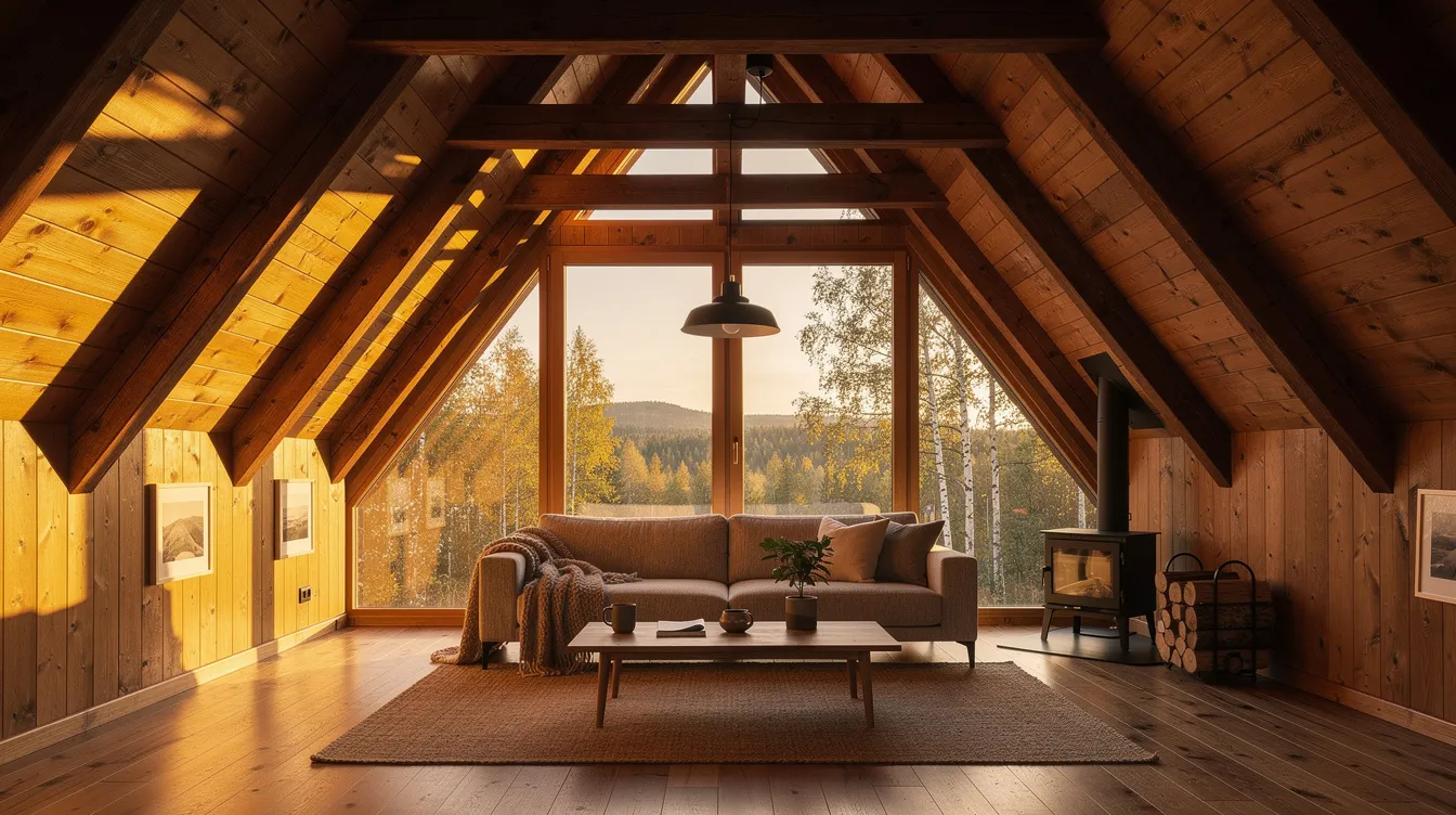 9ab99c041a184cdb8260467328385fbd The image depicts the interior of a cozy A frame cabin featuring exposed wooden beams and large front windows that illuminate the living space The design showcases a modern aesthetic with a triangular shape creating a warm and inviting atmosphere perfect for a vacation home in snowy climates