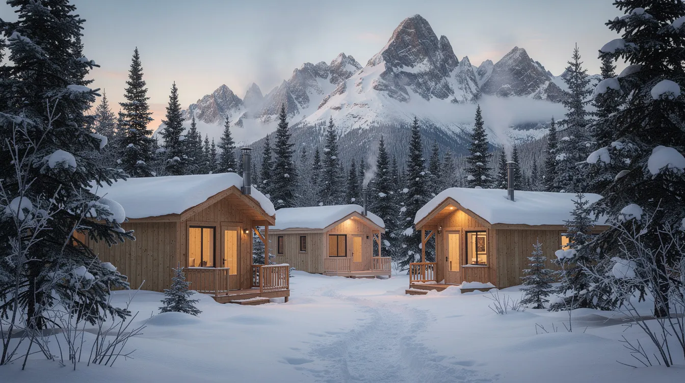 9b2b47862722496cb94e6fa998373134 A cluster of cozy tiny homes made of wood is nestled in a snowy forest in Southeast Alaska with majestic mountains rising in the background This picturesque scene showcases a creative design that reflects the affordable and sustainable lifestyle of residents in tiny house communities