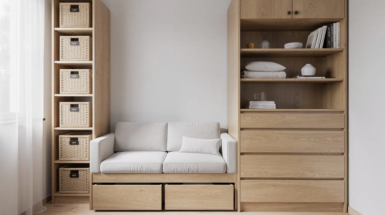 9b73f89c5c994cf98e9c35f0d32cad66 The image showcases an organized compact living space featuring built in wooden storage drawers and shelving maximizing storage space in a tiny house The efficient design highlights the smart use of limited space creating a cozy and functional environment ideal for tiny living
