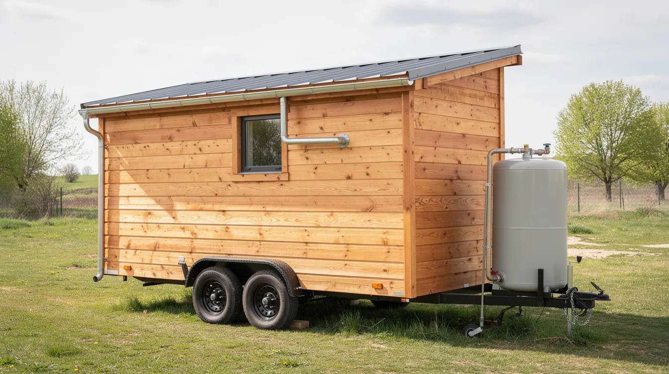 9e3c892e406e4f2ea84a21b80d53a646 The image depicts a small wooden tiny house on wheels featuring a metal roof and visible metal gutters that drain rainwater into a nearby storage tank This setup exemplifies a rainwater harvesting system designed to collect and manage fresh water for various needs such as irrigation and household use