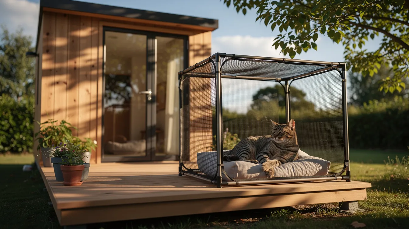 9f6bc0a48a254f26b8d05decba2903b3 A small wooden deck extends from a tiny house featuring a portable mesh catio enclosure where a relaxed cat lounges in dappled sunlight enjoying the secure outdoor space This cozy scene embodies the essence of tiny home living with pets showcasing how to make the most of limited space for furry friends