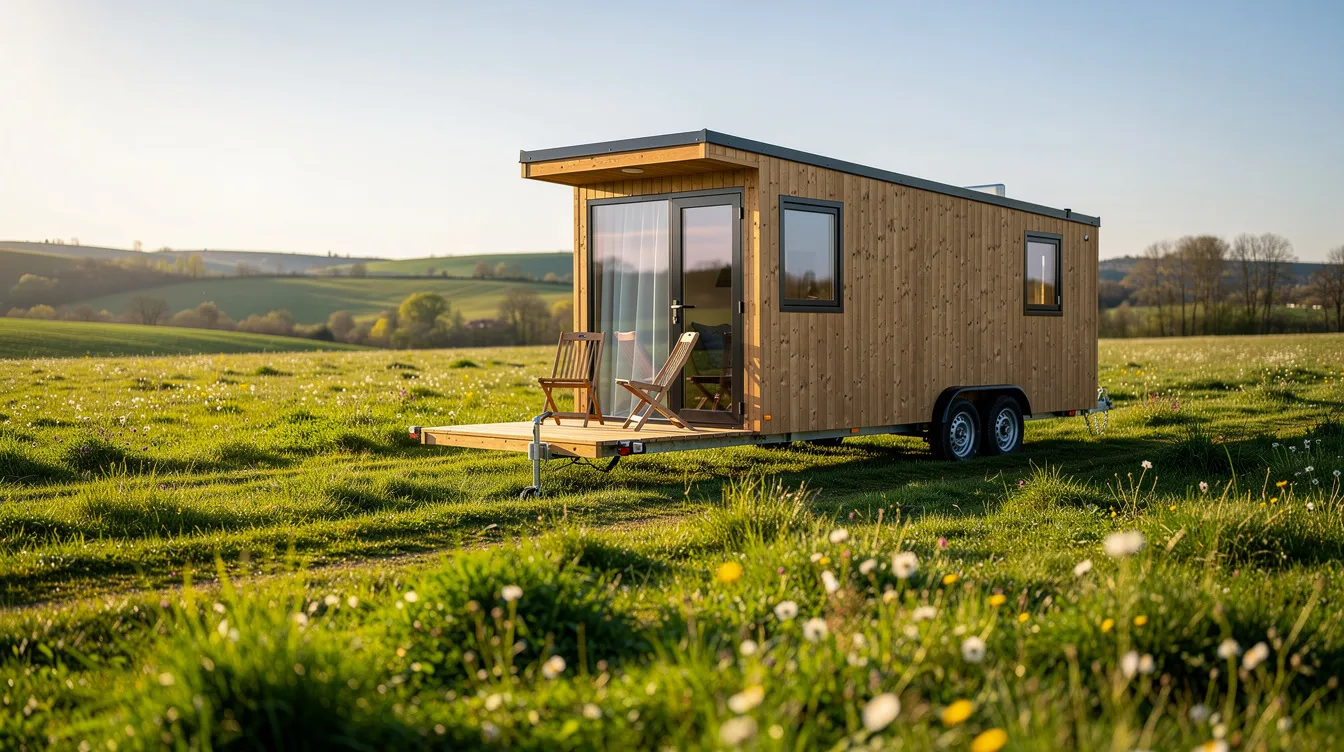 A18140a34dc04622bea2043bf06674c9 A tiny home on wheels is parked in a lush green meadow showcasing the concept of tiny living with its compact design and efficient use of floor space This small house exemplifies the growing trend of tiny homes often governed by local building codes and zoning regulations