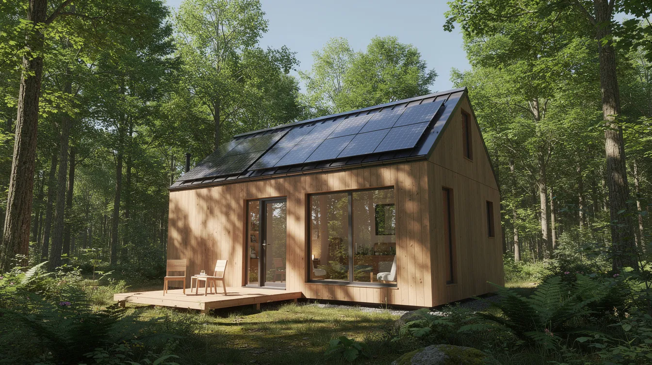 A18cd39e1a61408ba75cbb212cb3ada5 A tiny house with solar panels on its roof is nestled among trees showcasing an off grid solar system designed for sustainable living The solar array captures sunlight providing backup power for the home's energy needs while promoting eco-friendly off-grid living.