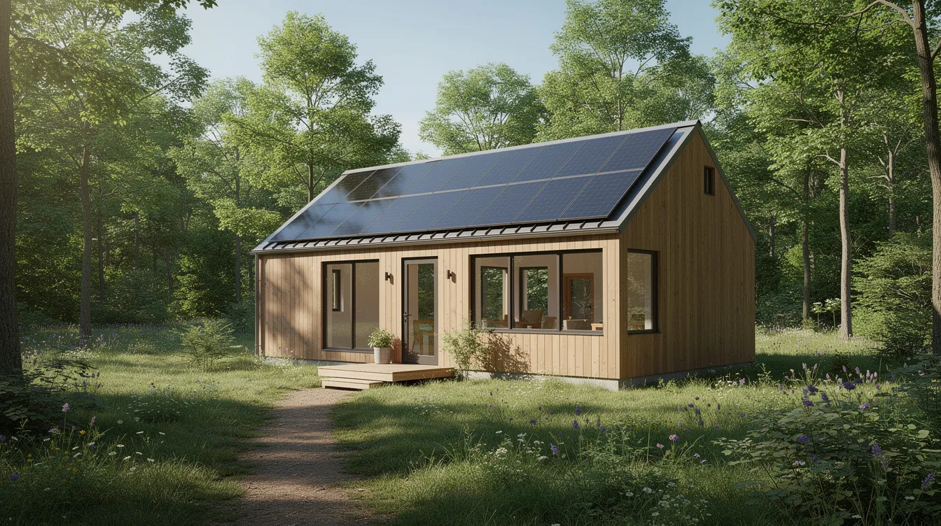 A1edec738122461981f33c4ace2604f1 A tiny house with solar panels installed on its roof is nestled among trees showcasing an off grid living setup that utilizes clean energy for daily usage This solar system is designed to provide backup power and reduce energy consumption making it a cost effective solution for sustainable living