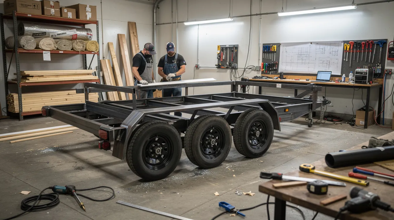 A22ec3beb71f43a7bf6e0a7c69439cdd The image shows a steel trailer frame being prepared in a workshop for the construction of a tiny house highlighting the foundational element of building a tiny home This preparation is a crucial step in understanding the tiny house cost breakdown as the frame will support the overall structure and design