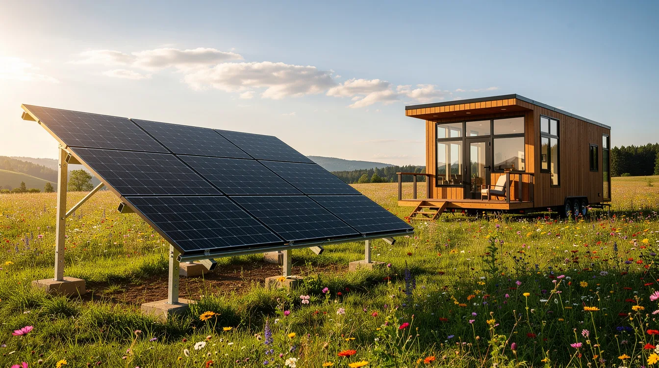 A24ffd33e95f4d80bcf82edca4c43c6f A ground mounted solar panel array is positioned next to a tiny house in a sunny meadow showcasing a sustainable solution for energy needs This setup highlights how tiny house living can utilize renewable energy sources like solar power to reduce energy costs and carbon footprint
