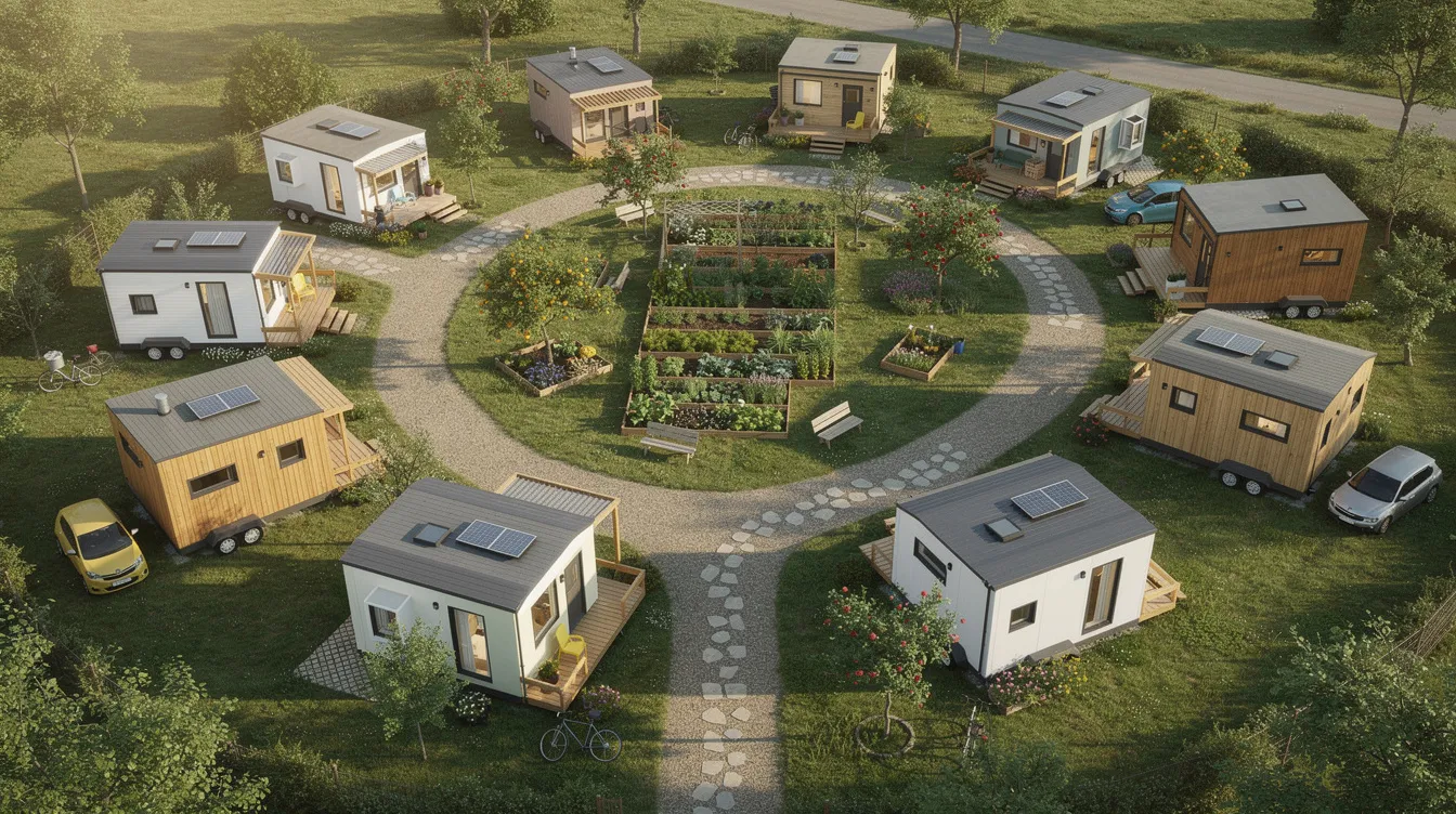 A329561c42f34e6394bce3e6186611fe An aerial view showcases a charming tiny house community with several tiny homes arranged around a central garden area connected by winding pathways This layout reflects the growing trend of tiny home living emphasizing community and shared amenities in a sustainable environment