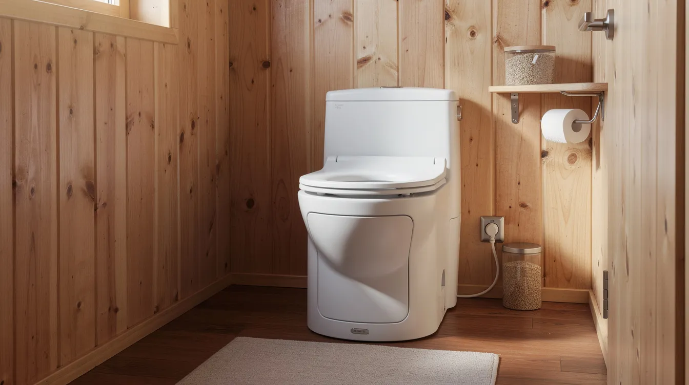 A32ba660153e4467a77799ab897a4336 The image shows a close up view of a composting toilet unit installed in a compact wooden bathroom featuring a sleek design that fits perfectly in tiny living spaces This self contained unit is designed for efficient waste management utilizing a solids container and a urine diverter to support the composting process while minimizing odors