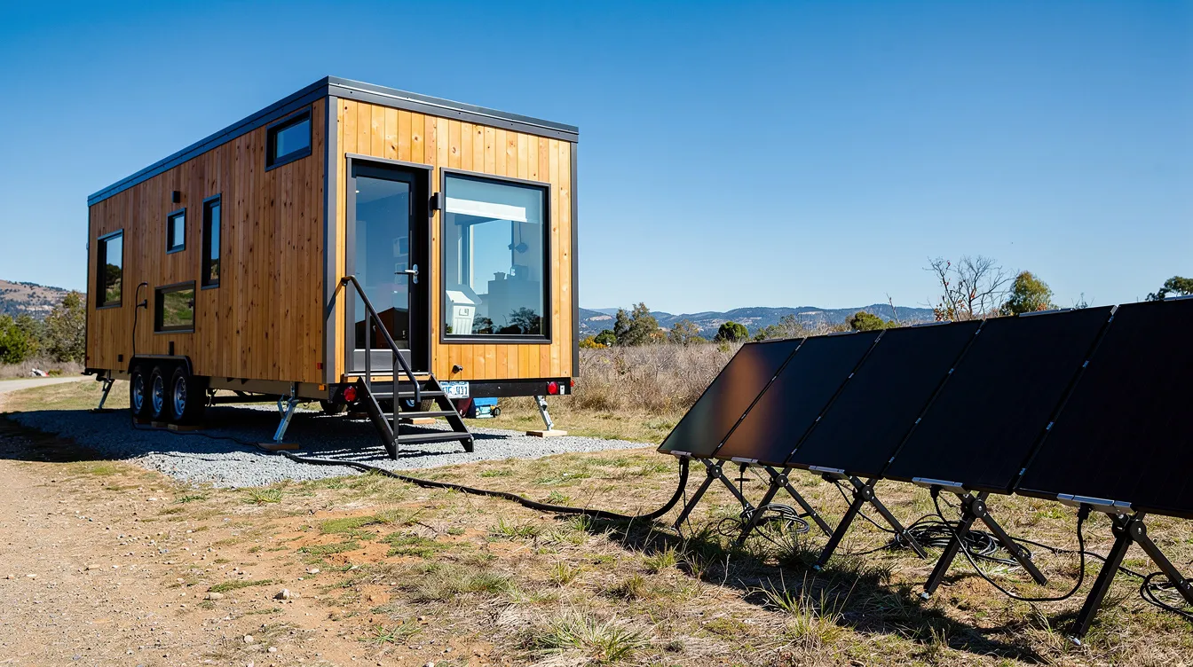 A33476fd6ceb4c3183570794607d6cd6 The image shows portable folding solar panels set up in direct sunlight next to a parked tiny house highlighting an efficient solar power system designed to meet the energy needs of the tiny home This eco friendly setup demonstrates how solar panels can help reduce utility bills while providing enough power for household appliances