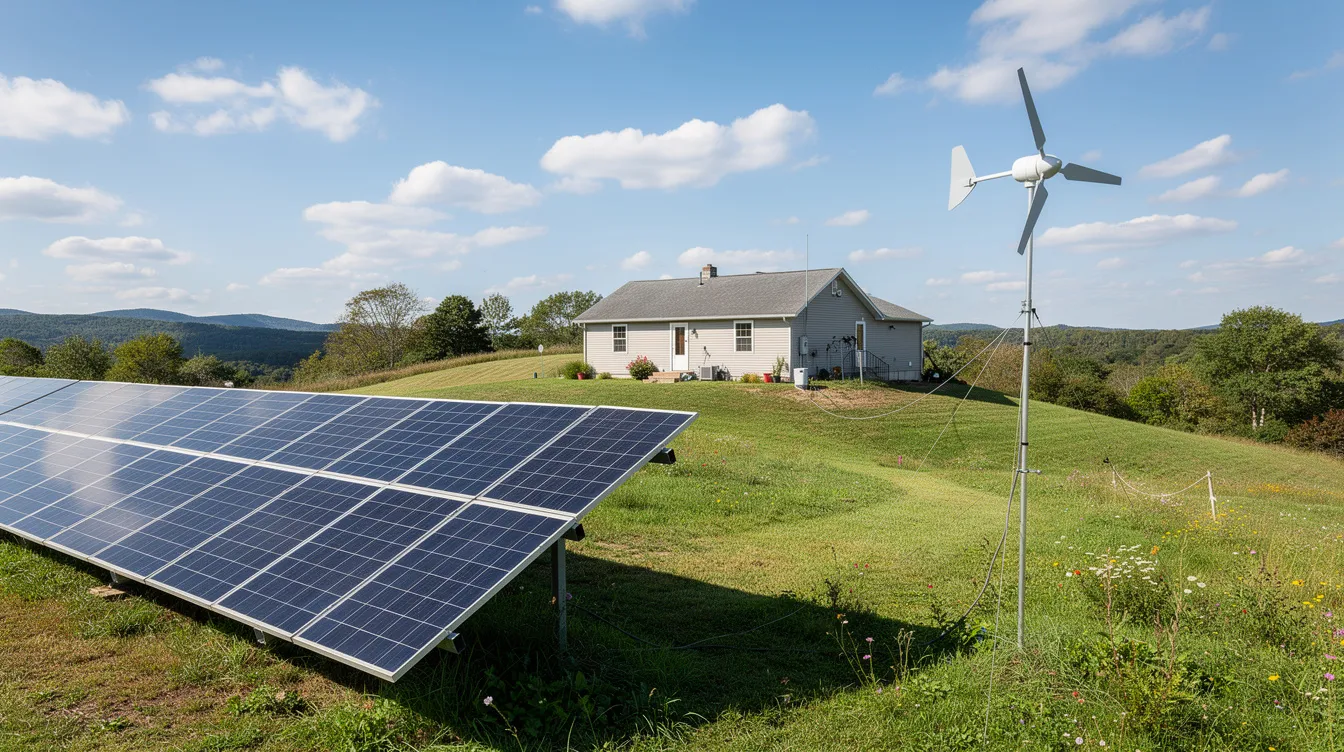 A36bc0430b18463d95257aee4b40d333 The image depicts a rural property featuring solar panels and a small wind turbine working together as part of a renewable energy system The wind turbine with its spinning blades harnesses wind power to generate electricity complementing the solar panels that produce energy when the sun shines