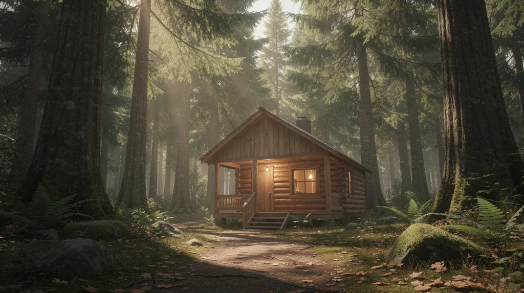A41ccff1bbdd48ad965d9703024a0bfe A tiny wooden cabin is nestled among tall trees in a serene forest showcasing the appeal of tiny house living in nature This stylish tiny home offers a cozy living space surrounded by the beauty of the outdoors reflecting the growing popularity of tiny house communities in Indiana