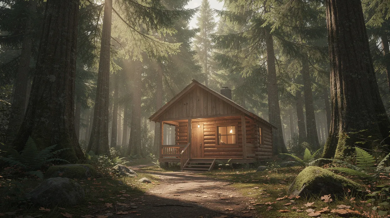 A41ccff1bbdd48ad965d9703024a0bfe A tiny wooden cabin is nestled among tall trees in a serene forest showcasing the appeal of tiny house living in nature This stylish tiny home offers a cozy living space surrounded by the beauty of the outdoors reflecting the growing popularity of tiny house communities in Indiana