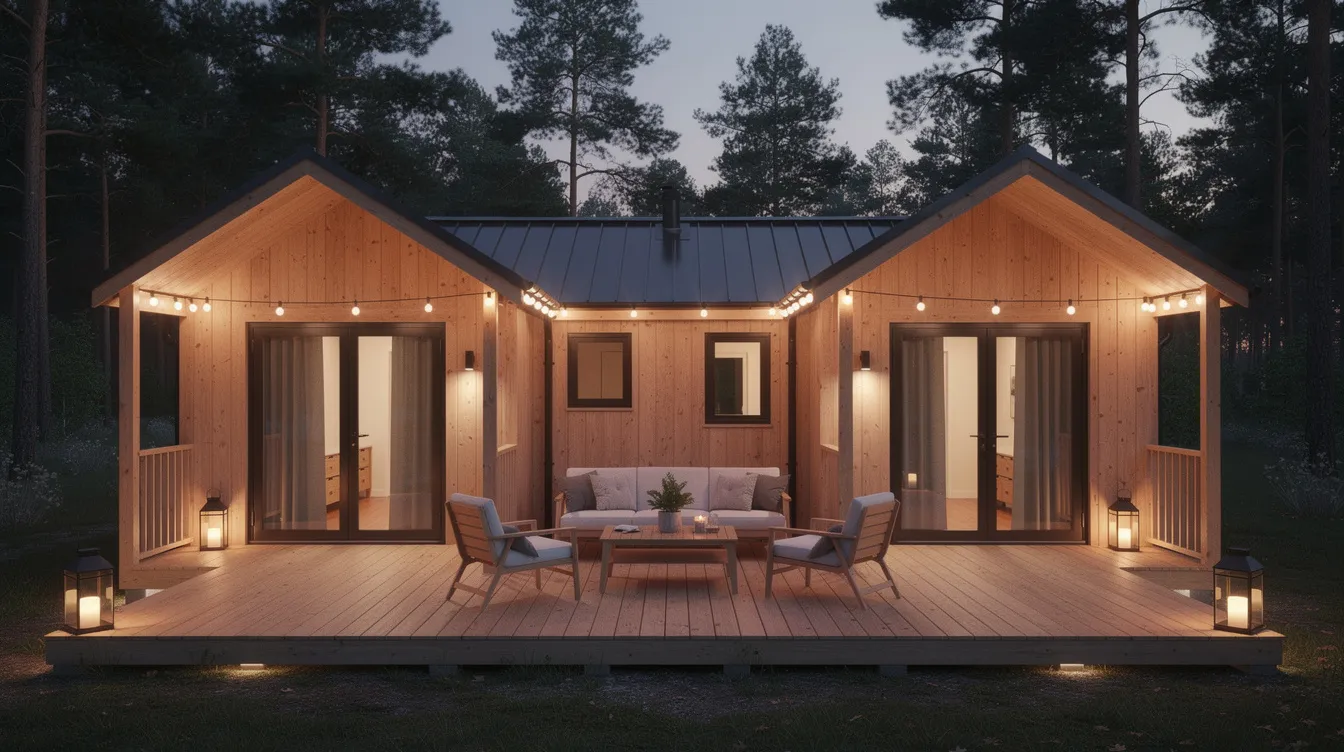 A4333caa38ee4e86819a3e00e1714d51 The image features two small wooden tiny houses side by side each with its own unique design connected by a shared outdoor living space that includes a cozy deck and seating area This setup exemplifies the tiny house movement showcasing how couples can enjoy tiny living while maintaining their own personal space