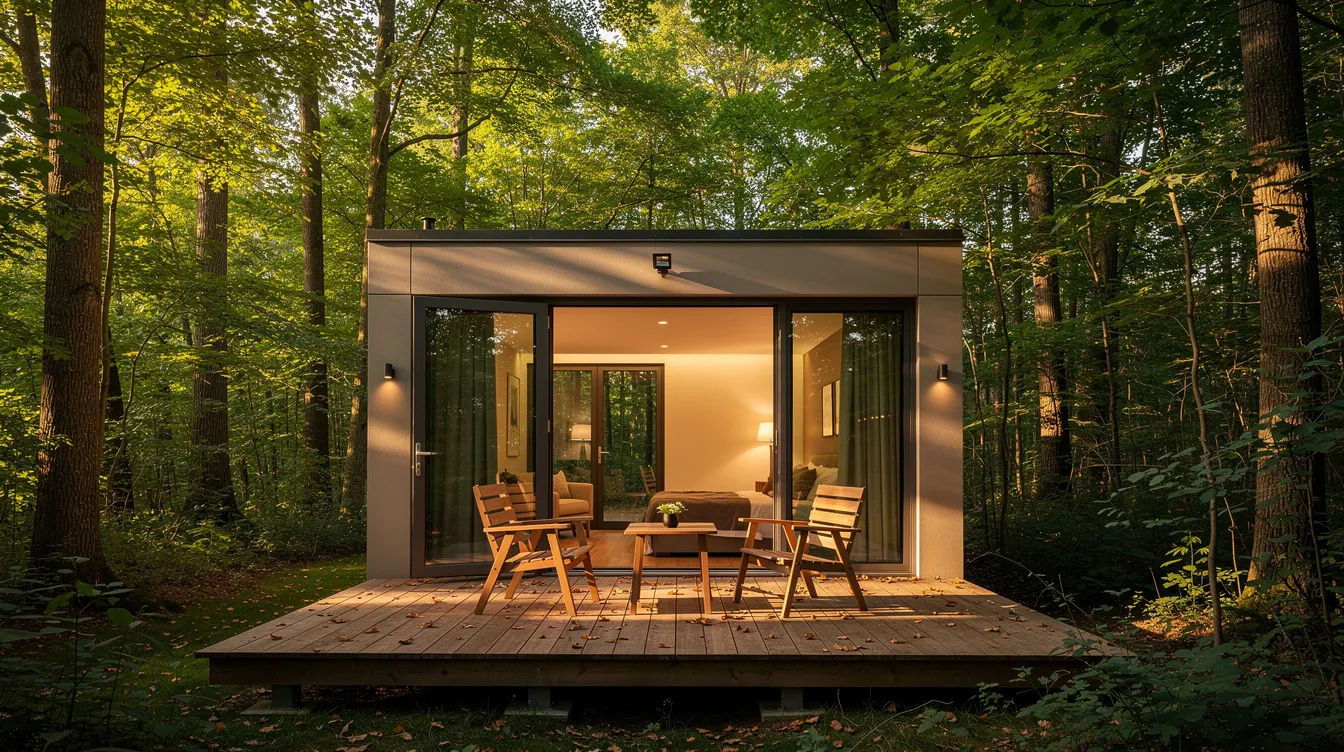 A476d7f6677846d591365fd31b57d7b9 A cozy tiny house features open glass doors that lead to a wooden deck surrounded by lush trees allowing natural light to flood the living area This design emphasizes a small footprint while creating an airy atmosphere perfect for off grid living and enjoying nature
