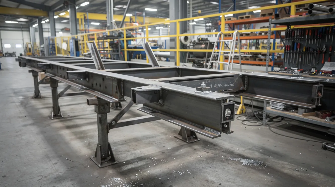 A58ad007029f45ff82521125c7d7e11c The image shows a heavy duty steel trailer frame designed for tiny houses featuring visible cross members and attachment points situated in a manufacturing facility This robust structure is essential for tiny house builders looking to create custom tiny house trailers that are durable and reliable