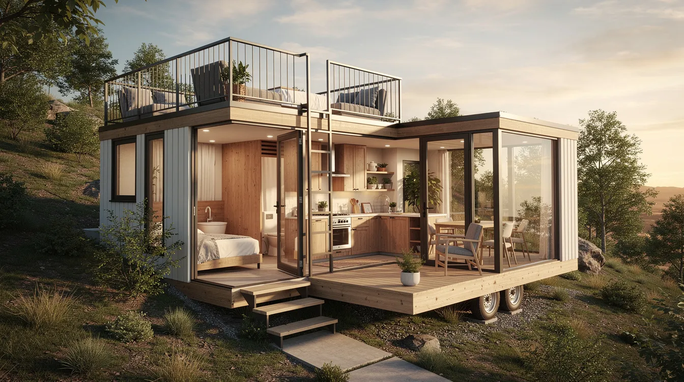 A60c8665050046ed94e9e7cd02c36da2 This image showcases a multi level tiny house floor plan featuring two bedrooms with a unique L shaped layout that separates private and shared living areas The design includes elevated sleeping spaces and large windows creating a cozy atmosphere while maximizing space for small families