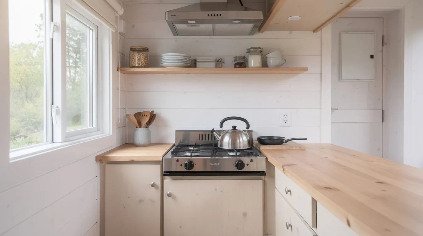 A64d626482554488b7db4dc9fdf7f2cb The image shows a small two burner propane cooktop installed in a compact tiny house kitchen featuring a propane tank connection and gas regulators for efficient cooking The setup is designed for optimal space usage ensuring easy access to the propane system and safety features like a shut off valve and leak tested connections