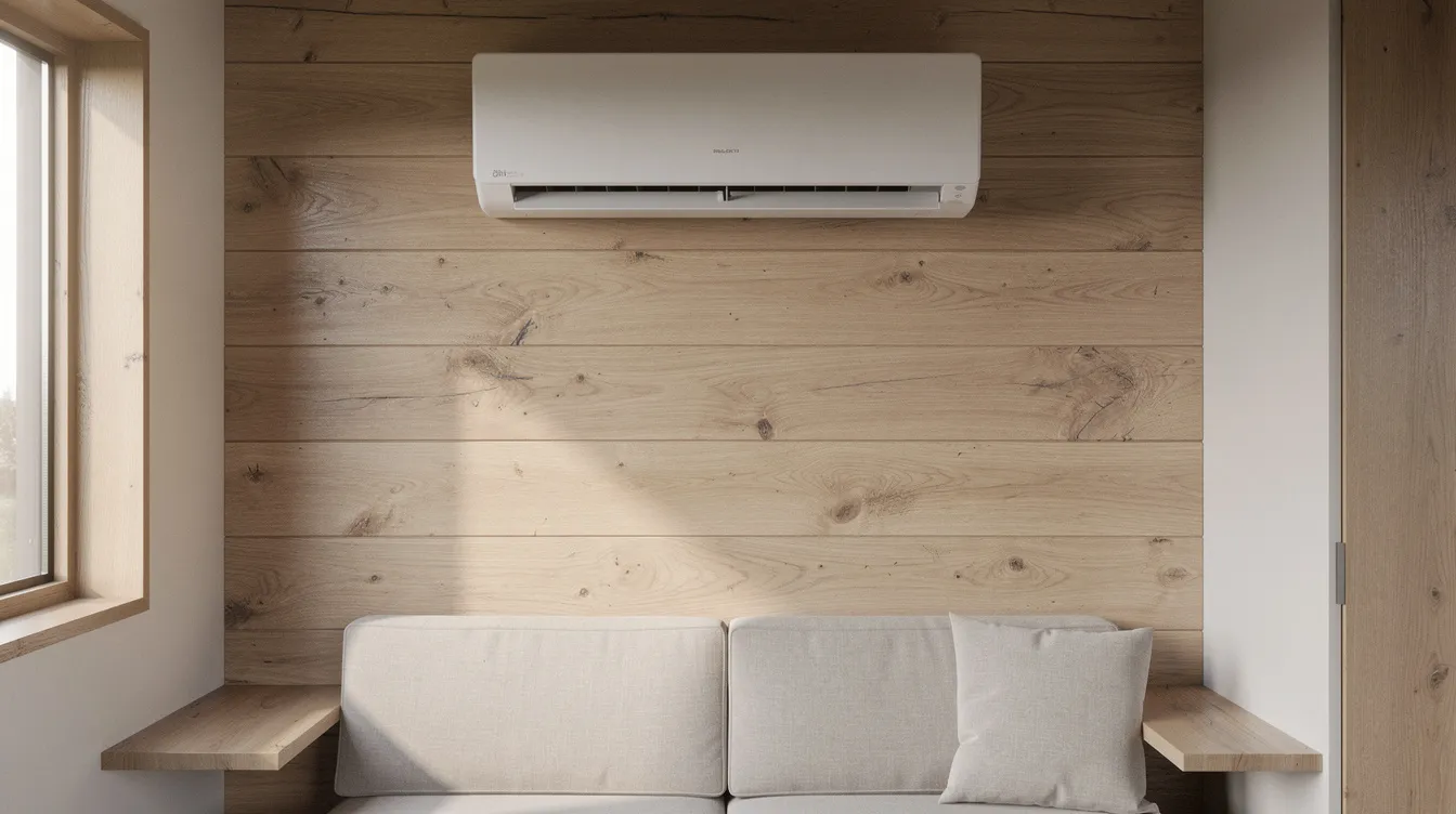 A6ba954ea4a640a38a257103a1873383 The image shows a compact wall mounted mini split air conditioning unit installed high on a wooden wall in a modern tiny house interior providing efficient cooling and heating solutions for small spaces This ductless mini split system is designed to save floor space while maintaining energy efficiency