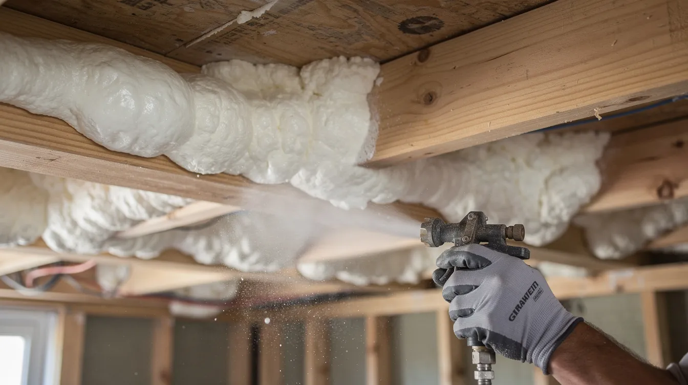 A74948e6894749f3be146d8544bdaa1f The image shows spray foam insulation being applied between wooden floor joists in a tiny house build highlighting the building process of enhancing the structural base for improved energy efficiency The insulation fills the gaps ensuring a secure and insulated floor in the tiny home which is crucial for sustainable living