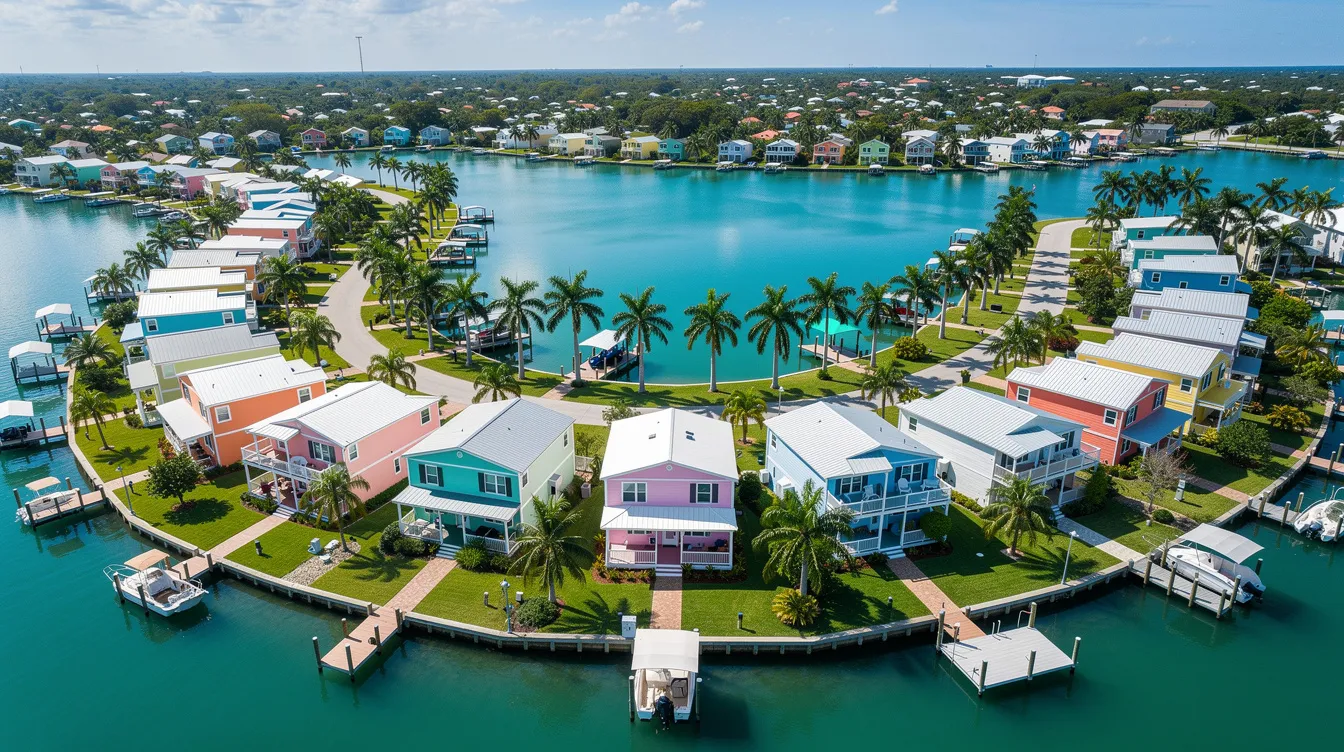 A75caa0cfdea4bc38dd9857e5ca3f23e An aerial view showcases a gracious tiny house community in Florida featuring vibrant small homes arranged around a serene lake surrounded by lush palm trees This unique community embodies the essence of tiny living offering residents a peaceful escape with beautiful green spaces and a community garden