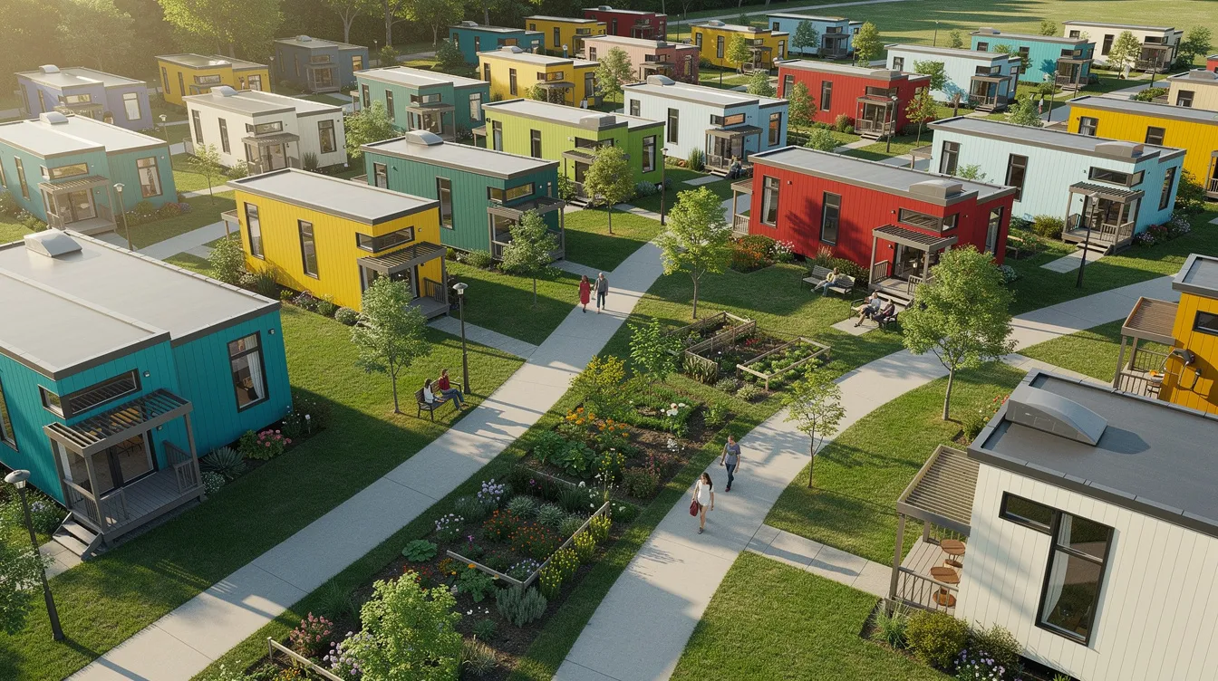 A87113c82438445a900cea715e6ffe58 An aerial view showcases a vibrant tiny home community in Massachusetts featuring a collection of compact colorful tiny houses surrounded by lush green spaces and walking trails This sustainable living environment emphasizes affordable housing solutions amidst rising housing costs offering modern amenities and a sense of community for tiny home dwellers