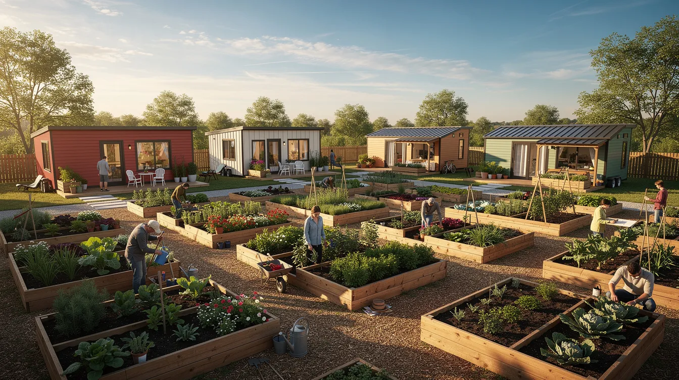 A87875c5f3884ce1b6536d7b82bbf930 The image depicts a vibrant community garden featuring raised beds filled with plants with several tiny homes visible on individual lots in the background showcasing the concept of tiny home communities in Maryland This scene highlights sustainable living and the connection between nature and affordable living spaces