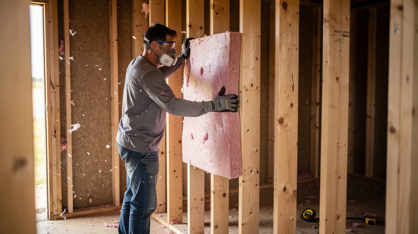 A8d63f619e16421c82b47921c29fb6c6 A person is installing fiberglass insulation batts between wall studs in a small wooden structure focusing on enhancing the tiny house's energy efficiency and preventing air leaks. This process is crucial for achieving proper wall insulation and maintaining consistent indoor temperatures.