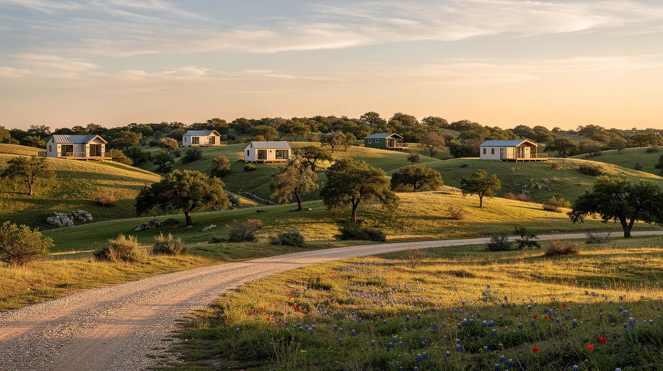 A90466d16a80477dad76855009cf9798 The image depicts a scenic rolling landscape of the Texas hill country dotted with charming tiny homes that form a close knit tiny home community This peaceful setting reflects a sustainable lifestyle offering residents a sense of belonging and connection to nature while being located near Austin TX