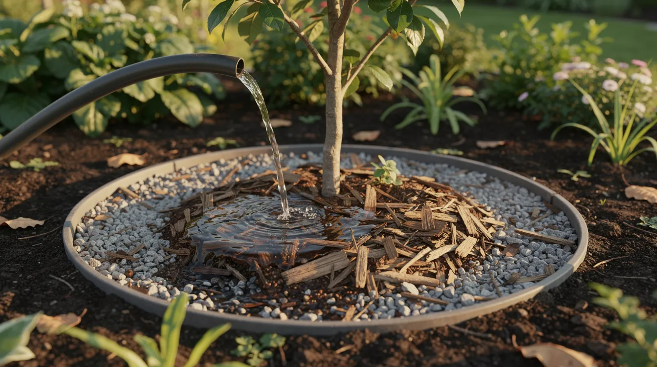 A92b88b7fb774007a8e0a935fc0ab114 The image shows a mulch basin filled with gravel and woodchips in a garden where water is flowing from a pipe illustrating a sustainable waste management option for tiny house owners to effectively utilize grey water for watering plants This eco friendly solution highlights the importance of efficient water systems in off grid living