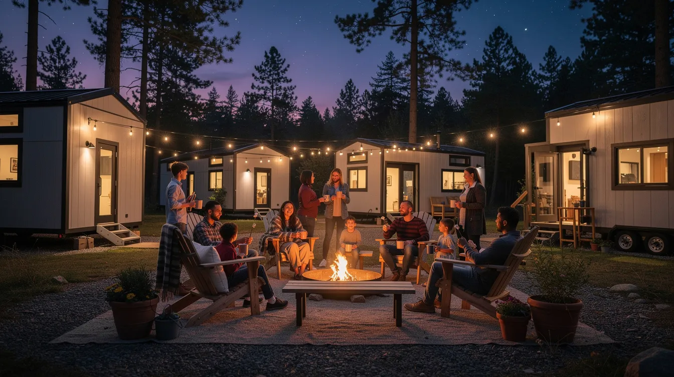 A97004e5600744e6a8e27b503564436b A group of people is gathered around a cozy fire pit in a tiny home community enjoying the warmth and camaraderie of their shared living space The scene captures the essence of sustainable living in Maryland where residents connect and create lasting memories in their tiny houses