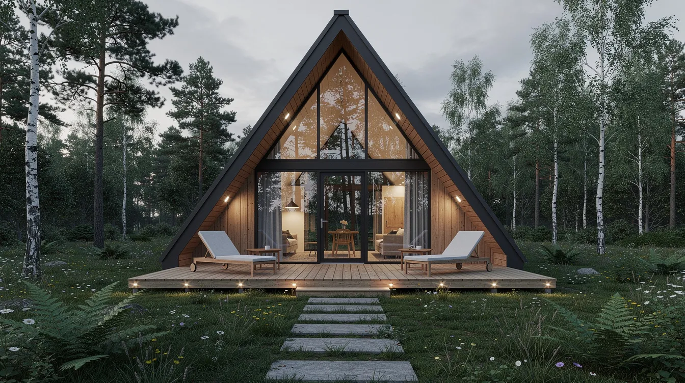 A9ca8fe311164855830c325fbfda90ac The image features a cozy A Frame tiny house showcasing its unique triangular roof design and floor to ceiling windows that invite natural light into the open floor plan This small home emphasizes efficient use of space making it an ideal option for tiny living or as a guest house