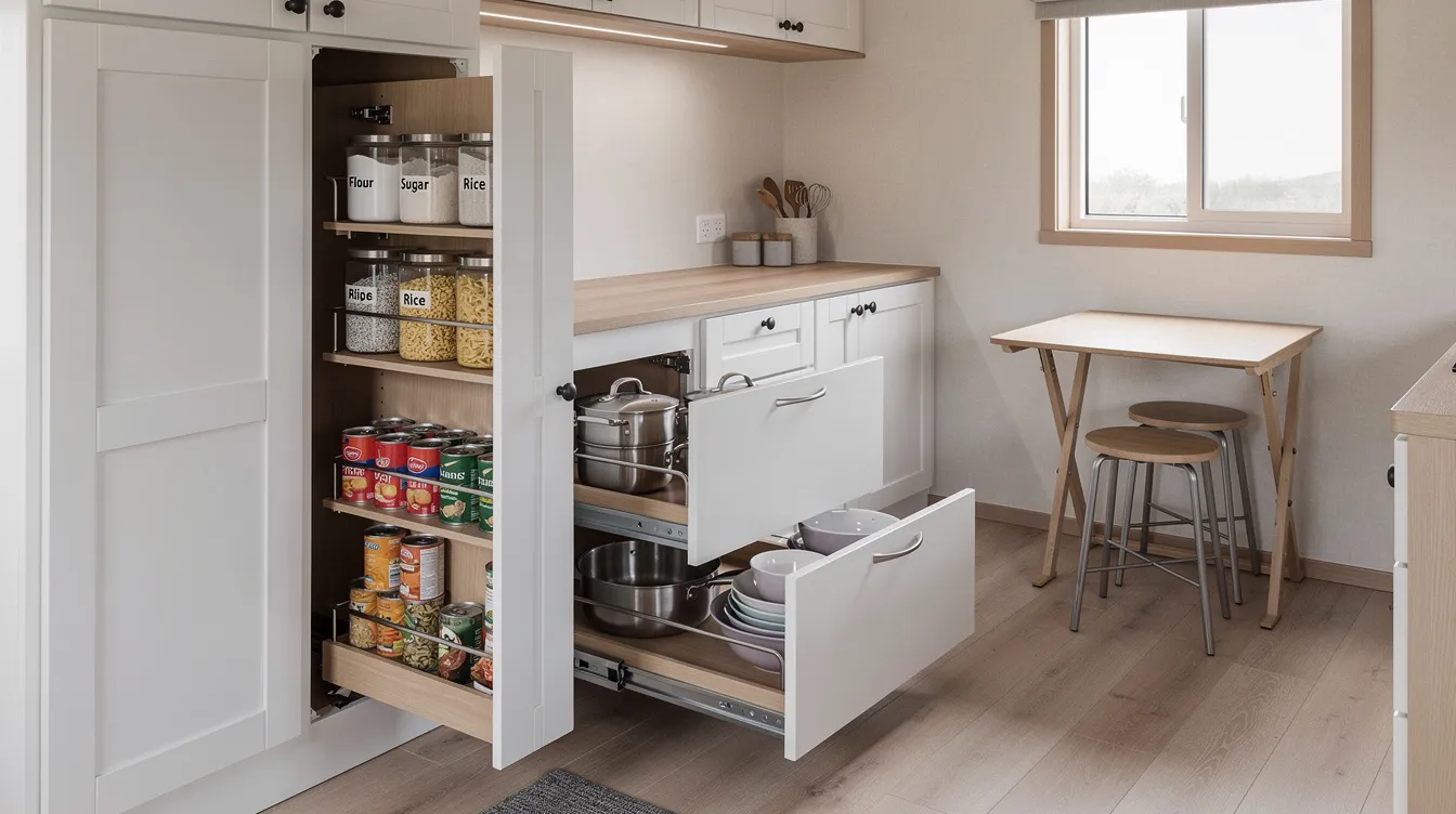 Aa7f3e8f25b64781a6306c8bcd3dae44 The image showcases a tiny house kitchen featuring pull out pantry and slide out storage solutions designed for efficient use of space The innovative cabinetry allows for easy access to food and pots while maximizing vertical storage in the small kitchen creating an organized and functional cooking area