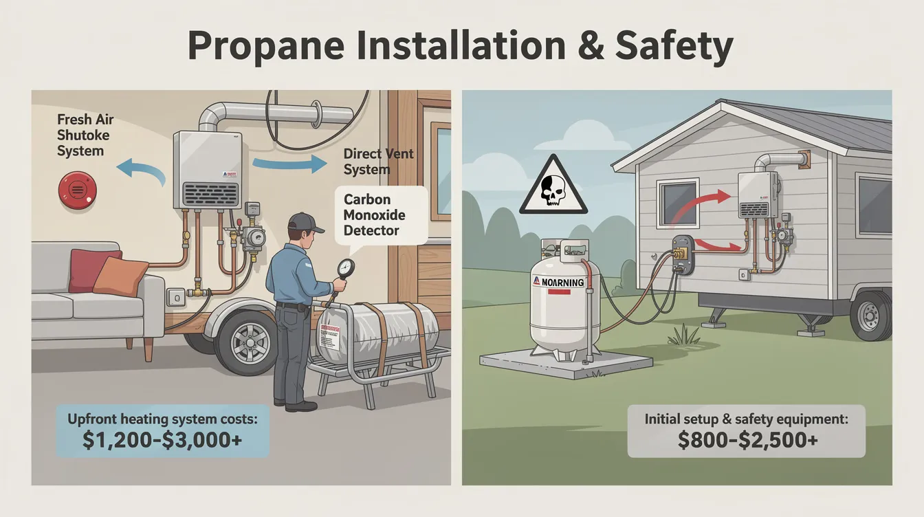 Ab06089245ed48b18a6d3713ce79d89b The image depicts a propane installation setup showcasing a wall mounted propane heater connected to gas lines and a propane tank Safety features such as ventilation systems and carbon monoxide detectors are also visible emphasizing the importance of proper installation for maintaining indoor air quality in tiny homes