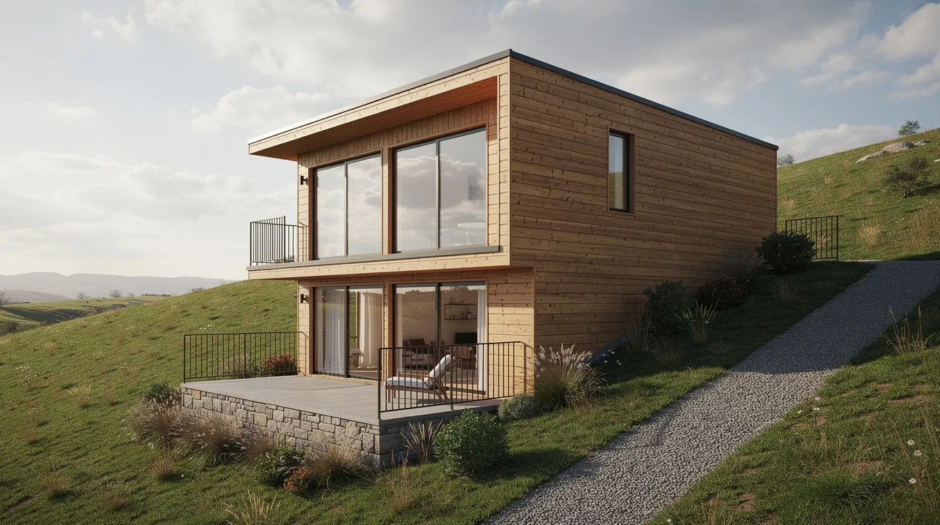 Ab42a848f71e40cea91b91ea087e61f7 The image depicts a small wooden tiny house with large windows situated on a hillside showcasing a visible walk out basement level that adds valuable extra living space This tiny house with a basement offers ample storage and functional areas enhancing the overall living experience