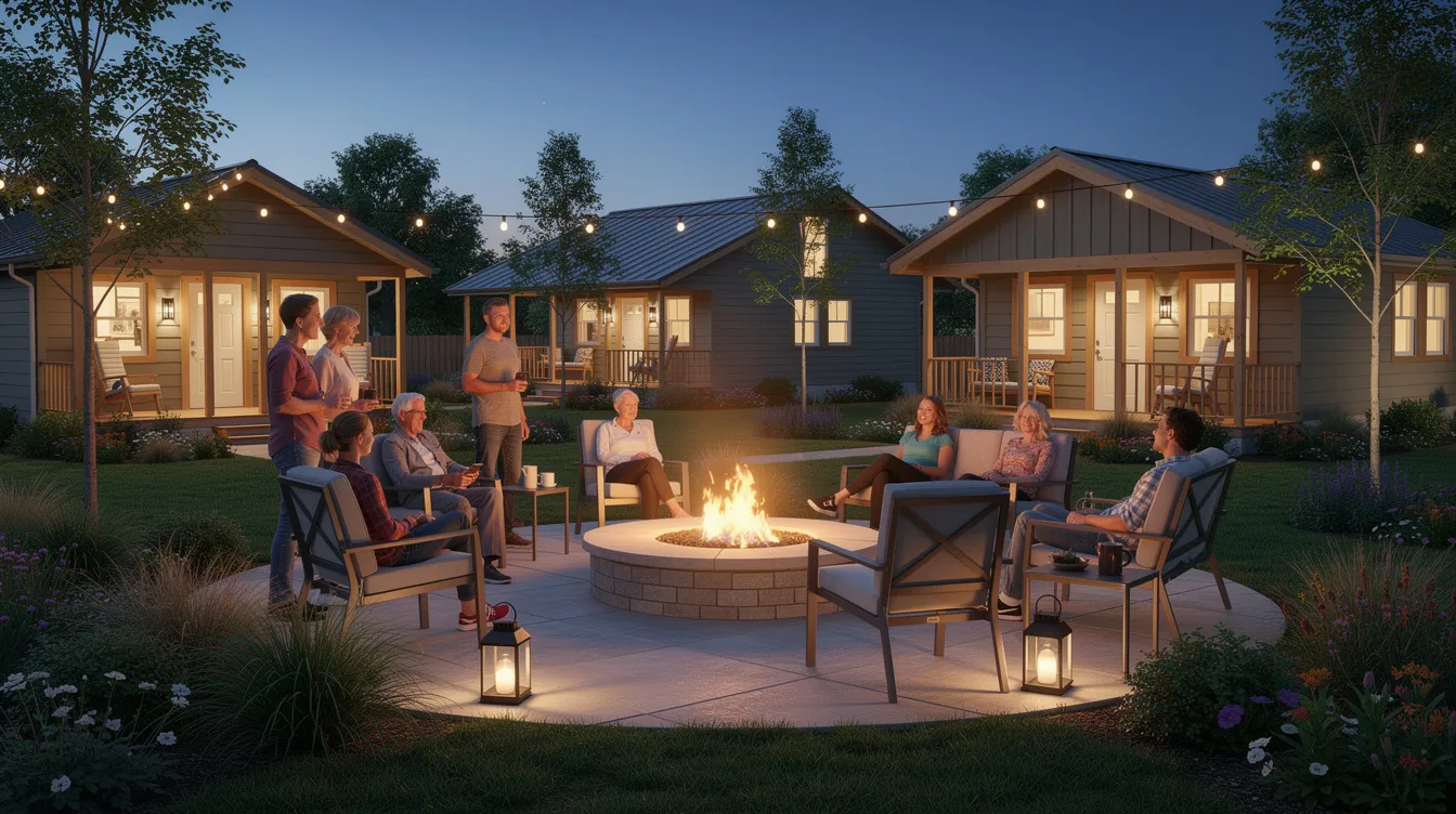 Ac515fb6e4be46d9bd3a748525fc139a The image depicts a vibrant community gathering space where tiny home dwellers are enjoying time around a cozy fire pit surrounded by beautifully landscaped green areas and charming tiny homes This inviting setting reflects the essence of tiny living in a supportive and dog friendly tiny house community in Tennessee