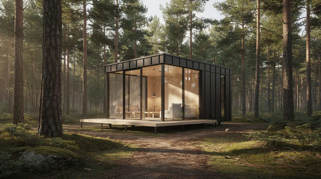 Add6e0ba784e4f788b24acbb9e5adbf6 A modern glass walled tiny house is nestled in a forest clearing surrounded by tall pine trees showcasing its unique design with floor to ceiling windows that invite natural light and offer stunning views of nature This compact home exemplifies innovative ideas for living in harmony with the environment