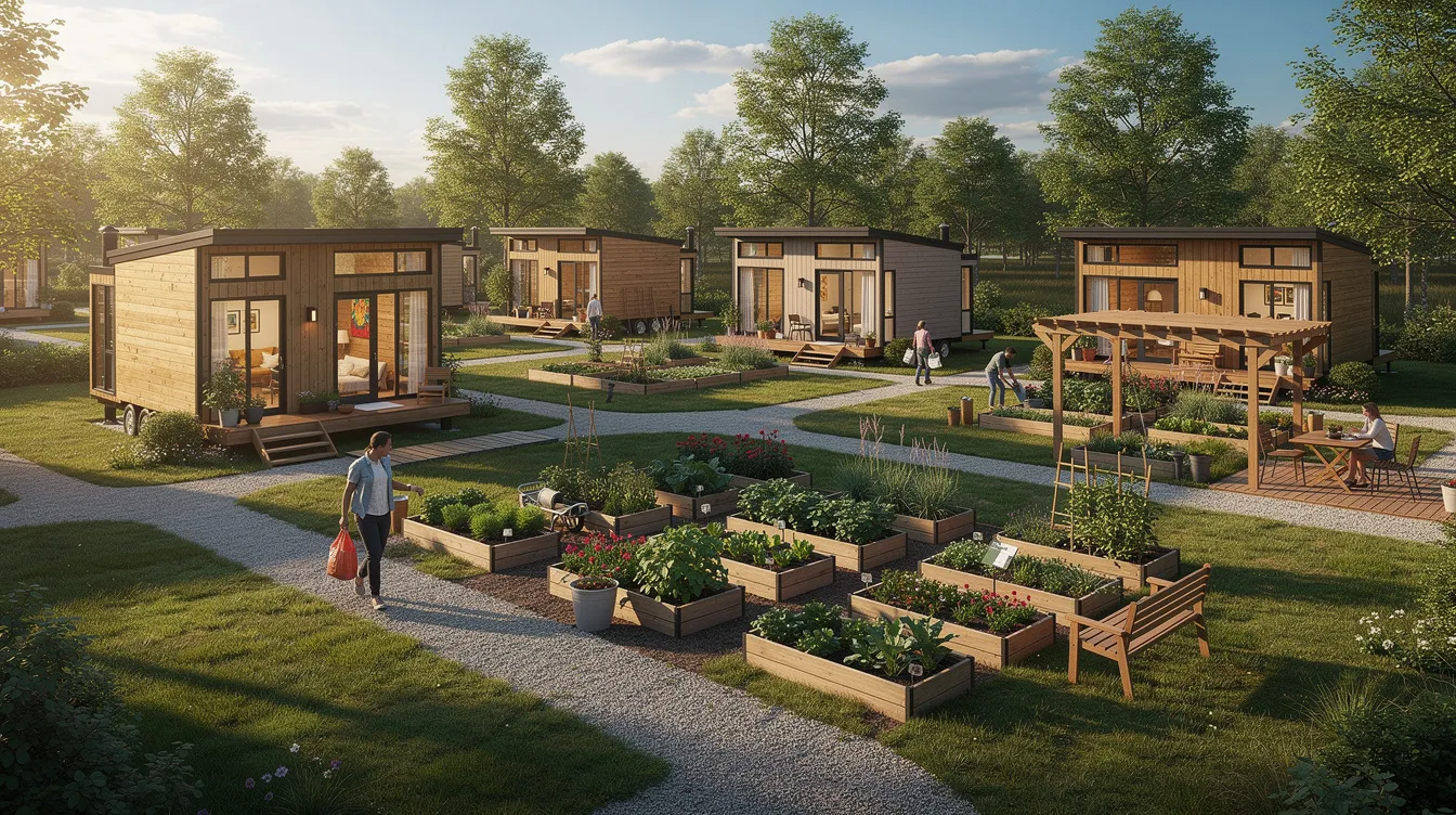 Adfda6e46d2148e69817ea198aa4d26f The image depicts a peaceful tiny house village surrounded by lush greenery featuring walking paths that weave through vibrant community gardens Residents enjoy a simple living lifestyle fostering a strong sense of community in this idyllic tiny home community