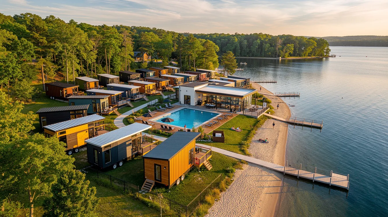 Ae44e547721c42bbbdc1e391db76b8cb An aerial view showcases a beautiful lakeside tiny home community nestled in the Blue Ridge Mountains featuring a sparkling swimming pool and a modern clubhouse This picturesque location offers river access and a perfect escape for those seeking a unique lifestyle in Georgia