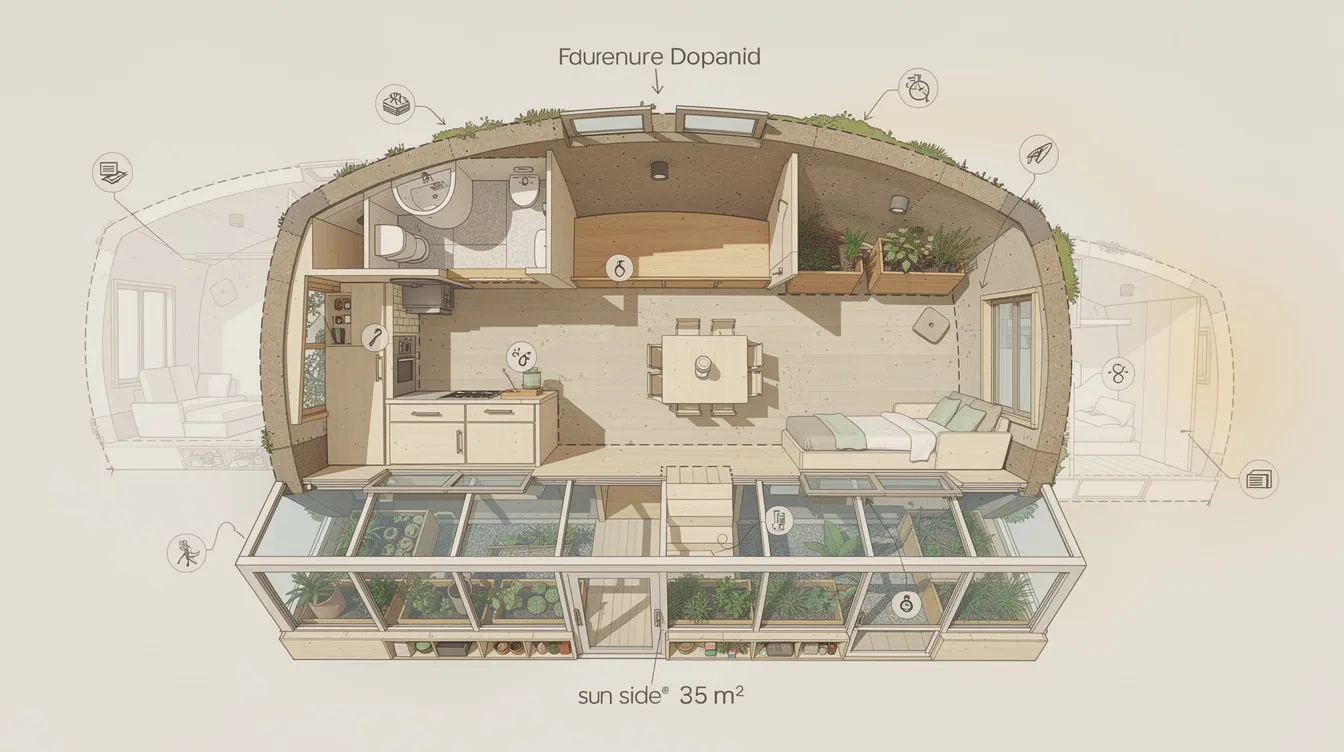 Af39d42df5f34e5d8592b4f5a809ba49 The image depicts a detailed floor plan of an Earthship tiny home showcasing a well organized layout that includes functional zones such as a greenhouse corridor with planters a kitchen and living areas designed for optimal heat distribution The plan emphasizes sustainable living through the use of recycled materials and space maximizing strategies highlighting features like convertible furniture and built in storage all within a compact area of 2545 m²
