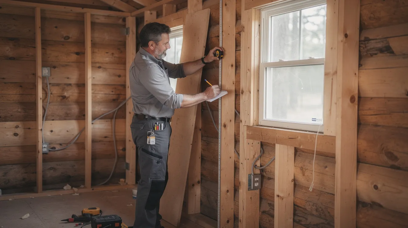 B06b58edc2da4bb4a80771f79e1d2eae A person is measuring a wall in a small wooden cabin preparing for the installation of a ductless mini split HVAC system This setup is ideal for tiny house heating providing efficient cooling and heating solutions for small spaces